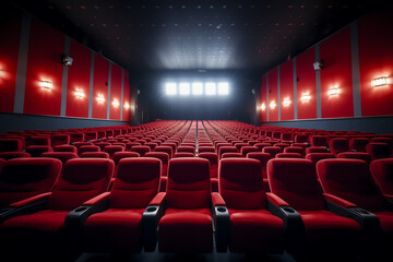 generative ai cinema auditorium with red seats and white blank screen
