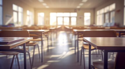 Poster - Generative AI Empty school classroom with many wooden chairs. Wooden chairs in classroom. Wooden arranged in classroom. Empty classroom with vintage tone wooden chairs. Back to school concept.