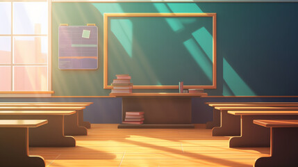 Poster - Generative AI Empty School Class Room with Board Desk, Shelf, Books, Clock. Modern Vector Illustration of School Interior.