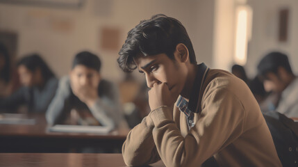 Leinwandbilder - Generative AI Confused indian kid scratching head while watching bnak chalk board at classroom, student trouble learning and education concept.