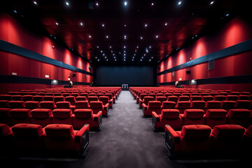 Poster - Generative AI Cinema auditorium with red seats and white blank screen
