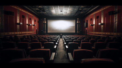 Poster - Generative AI Empty movie theatre interior with screen and seats.