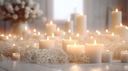 Generative AI White Prayer candles both lit and empty.