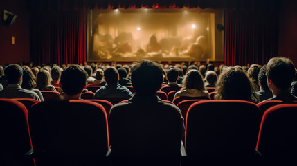 Aufkleber - Generative AI Cinema blank screen and people in red chairs in the cinema hall. Blurred People silhouettes watching movie performance.