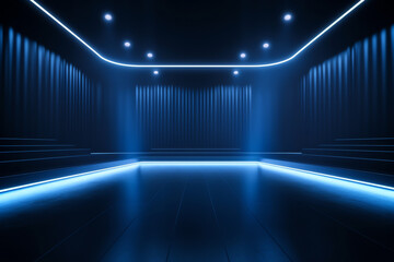 Poster - Generative AI Empty movie theatre. Dark cinema hall with blue screen and 5d virtual reality. Modern movies theater for festivals and films presentation. Interior design. Online Cinema concept. Vector 