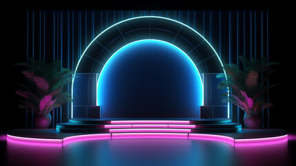Aufkleber - Generative AI Empty stage Design for mockup and Corporate identity,Display.Platform elements in hall.Blank screen system for Graphic Resources.Scene event led night light staging,3D render.
