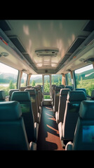 Poster - Generative AI Interior design of a modern bus. Empty bus interior. Public transport in the city. Passenger transportation. Bus with blue seats and yellow handrails.