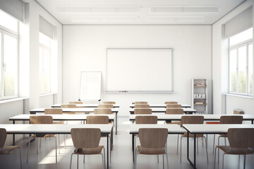Poster - Generative AI Lecture room or School empty classroom with desks and chair iron wood for studying lessons in high school thailand, interior of secondary education, with whiteboard, vintage tone educati