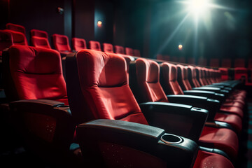 Aufkleber - Generative AI Cinema movie theater concept background. Red cinema seats and coffee or cola paper cup in empty theater. 3d illustration