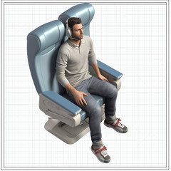 Poster - Generative AI Airplane seat in different views. Aircraft interior armchair isolated on white background. 3d illustration