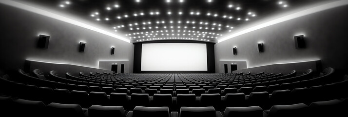 Poster - Generative AI black and white photo, empty cinema. The red and black armchairs in the cinema hall are illuminated by a beam of light, a low key. Selective focus. Quarantine, restrictive tape on chairs