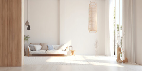 Wall Mural - Generative AI moderm style empty white wall living room decorate with brown lounge chair 3d render There are empty white wall with large open folding doors, The curtains swayed with the wind blowing i