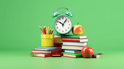 Fototapete - Generative AI Cartoon style school elements - book, pen, pencils and red apple on desk in empty classroom. 3D rendering illustration. Back to school design template without people.
