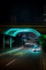 Poster - Generative AI Empty asphalt road under the bridge during the night with beautiful city skyline background .