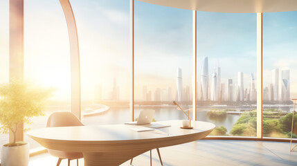 Fototapete - Generative AI Interior of panoramic CEO office with white walls, concrete floor, white computer table with chairs for visitors and window with blurry cityscape. Mock up wall to the left. 3d rendering