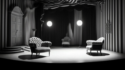 Aufkleber - Generative AI black and white photo, empty cinema. The red and black armchairs in the cinema hall are illuminated by a beam of light, a low key. Selective focus. Quarantine, restrictive tape on chairs