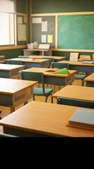 Aufkleber - Generative AI Empty classroom with chairs, desks and chalkboard.