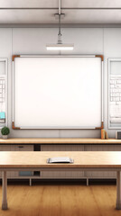 Poster - Generative AI Classroom school.Interior of clean spacious classroom ready for new school year. Empty room with white walls, comfortable desks, chairs, green blackboard, whiteboard. Back to school.
