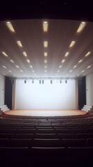 Poster - Generative AI Cinema empty hall with bright white screen. Movie theater, picture house auditoria for viewing films, classic entertainment. Vector realistic cinema hall illustration