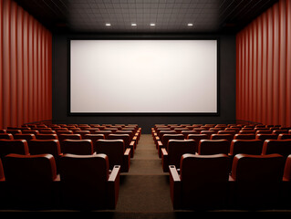 Poster - Generative AI Theater hall with red seat and wide blank white screen