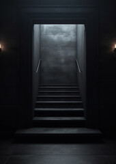 Poster - Generative AI Church Interior. Window Light in Dark Inside Room. Shining Door in front Empty Steps. Mystery Background