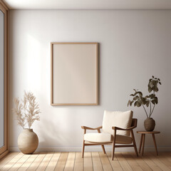Poster - Generative AI Modern interior design with white empty mock-up wall and beige armchair 3D Rendering, 3D Illustration