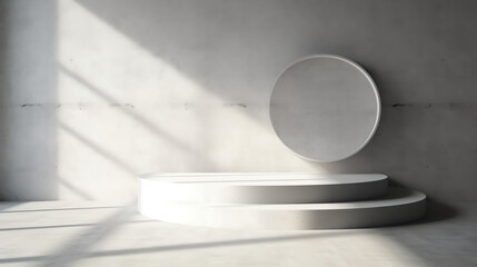 Poster - Generative AI 3d rendering of empty concrete room with light and shadow on the curve wall.