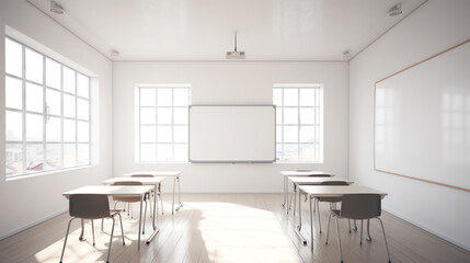 Poster - Generative AI Projector screen canvas in modern conference room with big windows. Side view. Empty classroom or presentation room interior with desks, chairs and whiteboard, foreground table