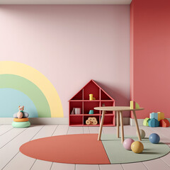 Generative AI Comfortable room with colourful furniture in sunny day. Concept of the child room and kindergarten.