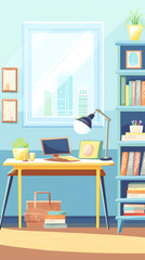 Aufkleber - Generative AI Cartoon classroom interior with view on school desks with chairs, bookcase, door and window. Flat Vector Illustration.