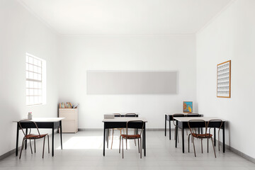 Aufkleber - Generative AI Classroom design with modern desks, seats and wardrobe 3D rendering