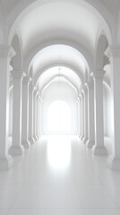 Poster - Generative AI View of empty white room with arch design and concrete floor,Museum space, Chapel entrance, Perspective of minimal architecture. 3D render.