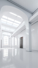 Poster - Generative AI View of empty white room with arch design and concrete floor,Museum space, Chapel entrance, Perspective of minimal architecture. 3D render.