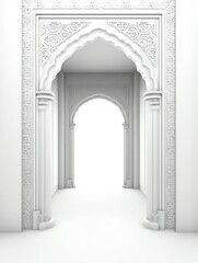 Poster - Generative AI View of empty white room with arch design and concrete floor,Museum space, Chapel entrance, Perspective of minimal architecture. 3D render.