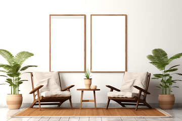 Generative AI Living room design with empty frame mockup, two wooden chairs on white wall, copy space, 3d render, 3d illustration