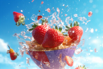 red healthy background splash water strawberry food fresh fruit freshness blue. Generative AI.