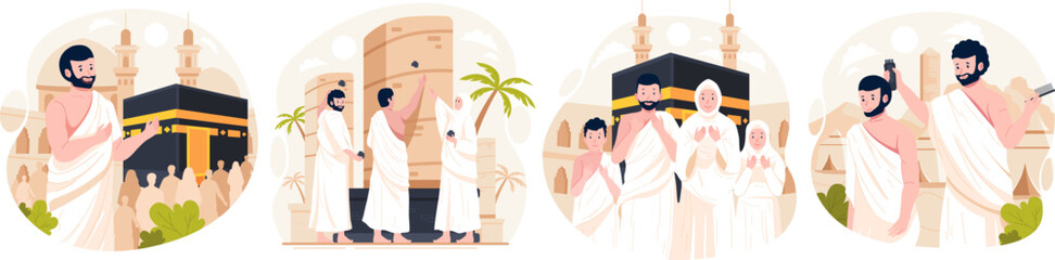 Wall Mural - Illustration Set of Islamic Hajj Pilgrimage. Muslim People performs Islamic Hajj Pilgrimage. Man and Woman Hajj characters wear ihram clothes with a Kaaba background. Vector illustration