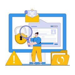 Poster - Data breach response vector illustration concept with characters. Incident management, breach investigation, data recovery. Modern flat style for landing page, web banner, infographics, hero images