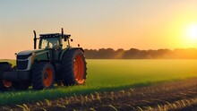Tractor Driving Across A Large Field For Harvesting Crop In Countryside. Agricultural Vehicle Working At Sunset, Golden Hour. Farming, Agriculture, Agricultural Background. Generative AI