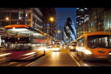 Wall Mural - Busy city street at night, fast cars and bus in blur motion. Generative AI AIG18.