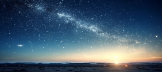 Wall Mural - Desert sunrise landscape and bright starry space background. Generative AI technology.	
