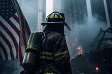 Rear View Of Firefighter Against Backdrop Of Burning Skyscrapers And An American Flag Outdoors. Patriot Day USA, National Date Of Service And Remembrance Concept. Generative AI Illustration
