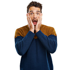 Poster - Wow, surprise and hands on face of man on isolated, transparent and png background with announcement. Portrait, omg and male person with open mouth emoji for good news, sale or deal, secret or wtf