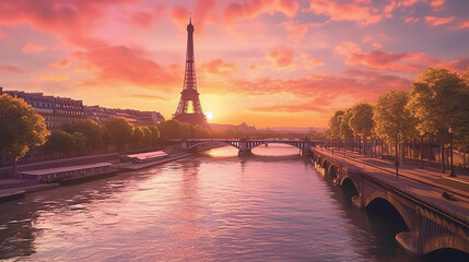 eiffel tower at sunset, Generative AI