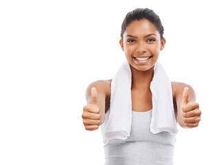 Thumbs up, smile and portrait of fitness woman with towel and motivation isolated on transparent png background. Achievement, agreement and training, happy girl with health wellness and gym exercise.