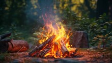 A Roaring Campfire Outdoors. Generative AI.