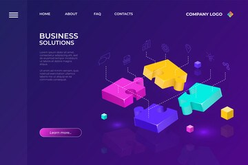 3d puzzle, team project. Partnership building, trust for business partners, jigsaw technology, solutions for community. Successful work cooperation. Web banner or landing page. Vector concept