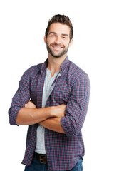 Poster - Portrait, fashion and arms crossed with a trendy man isolated on a transparent background for style. Smile, clothes or casual with a happy and handsome young male model posing in a shirt on PNG
