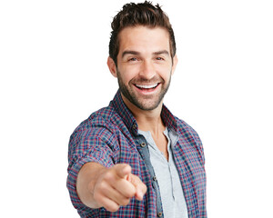 Poster - Portrait, pointing and choice with a man in a shirt isolated on a transparent background for a decision. Smile, review or vote with a happy and handsome young male person on PNG to point at you