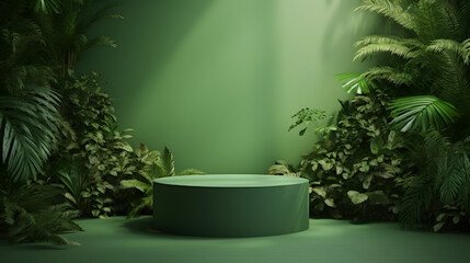 Sticker - Green podium in tropical forest for product presentation and green wall.